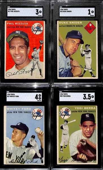 Lot of (4) SGC Graded 1954 Topps Baseball Cards Inc. #17 Phil Rizzuto (Graded 3), #32 Duke Snider (Graded 1), #37 Whitney Ford (Graded 4), #50 Yogi Berra (Graded 3.5)